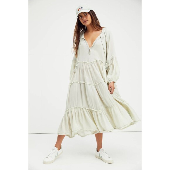 Free People In The Moment Dress Tiered XS  Balloon Sleeved Green - Picture 1 of 11
